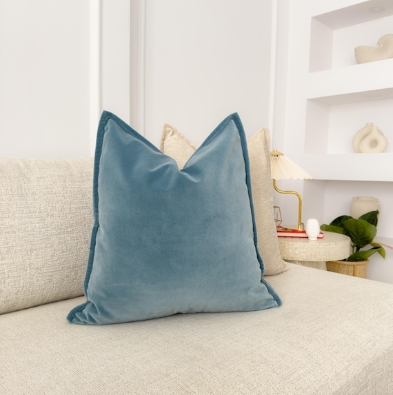 Lumbar Pillow Cover: Duck Egg Blue Velvet with Flanged Edge
