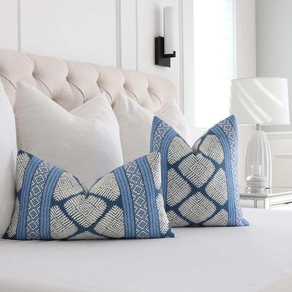 Lumbar Pillow Cover: Navy Ikat Print with Exposed Gold Zipper