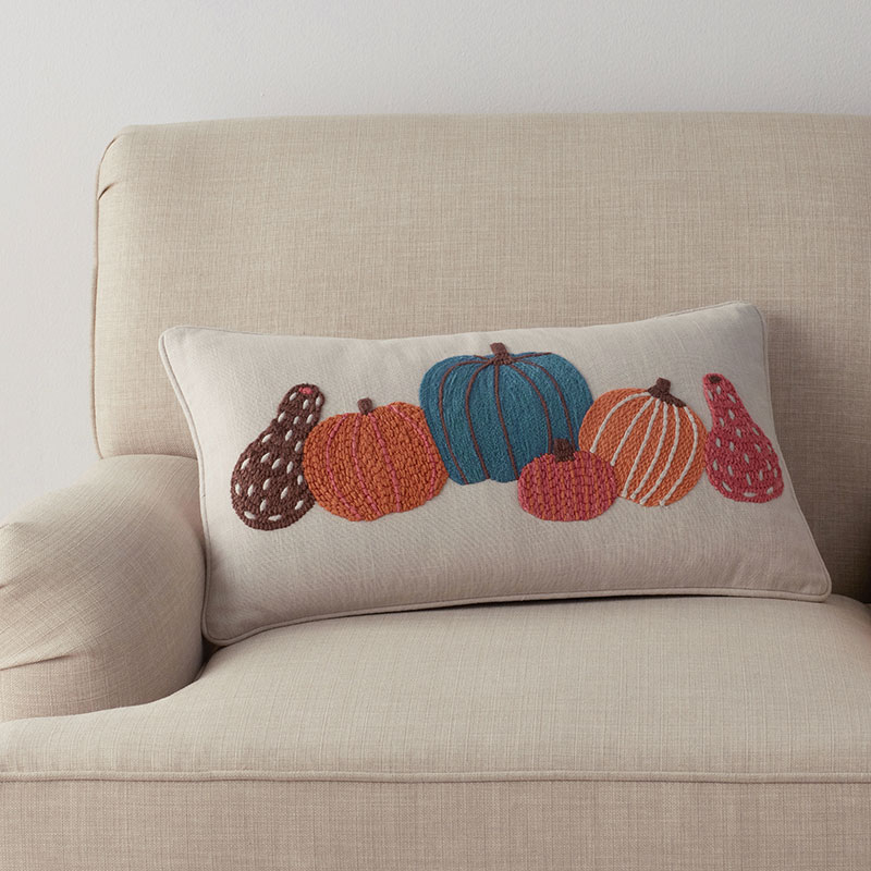 Lumbar Pillow Cover with Swallow Embroidery and Fall Nature Motif