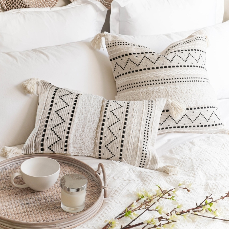 Lumbar Pillow Cream White Shaggy Stripes Chunky Weave Coastal
