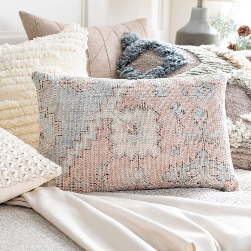 Lumbar Pillow Dusty Pink Floral Linen Like Vintage Inspired Cottage Decor