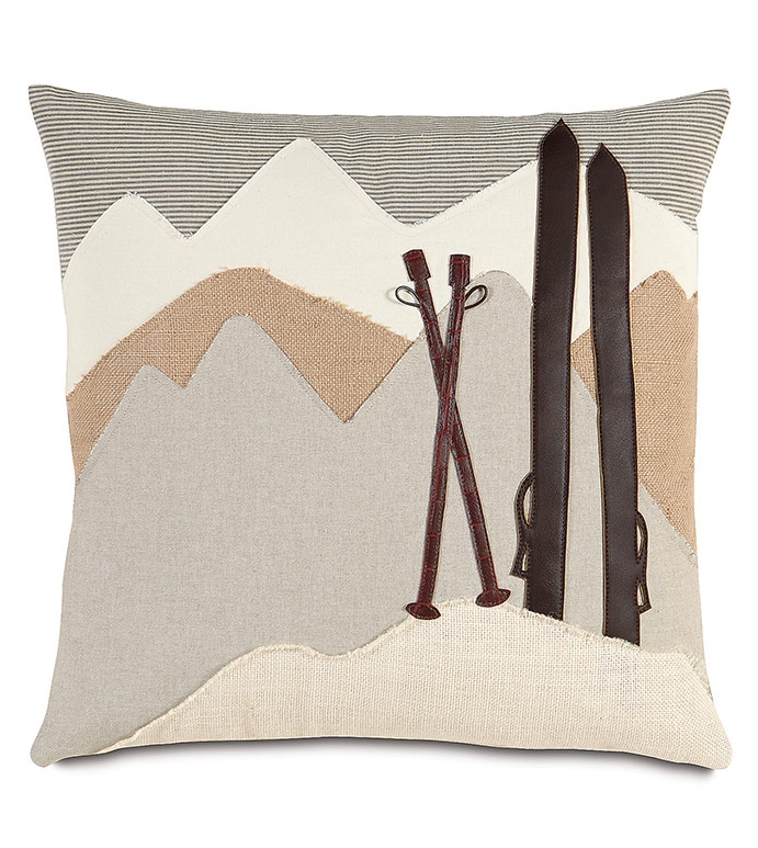 Lumbar Pillow, Embroidered Mountain Landscape, Midnight Blue, Rustic Lodge Style