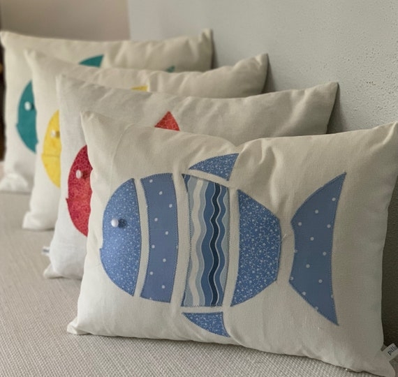 Lumbar Pillow featuring Coastal Fish Applique on Neutral Stripes