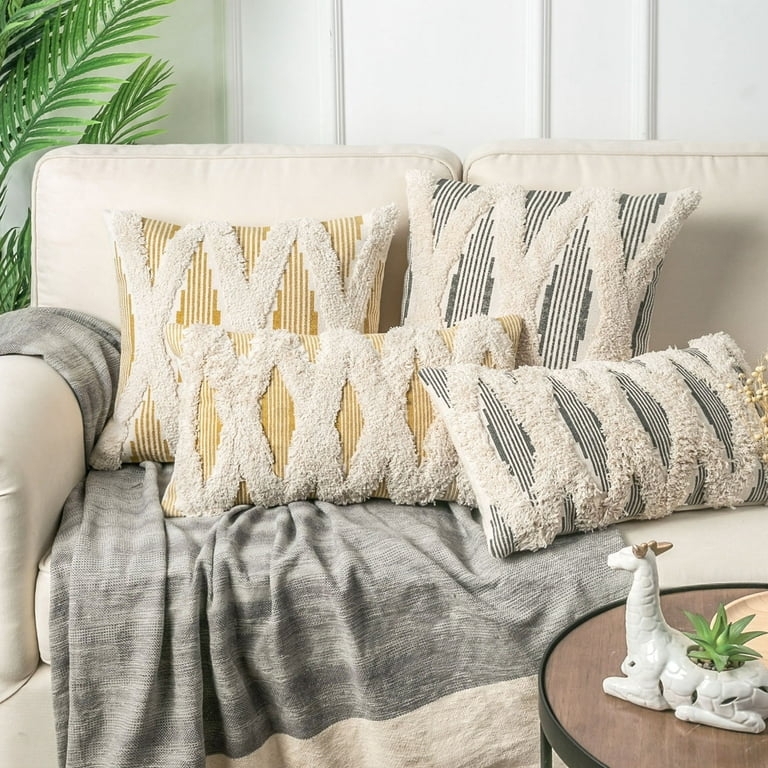 Lumbar Pillow Gray Beige Woven Bohemian Pattern Textured