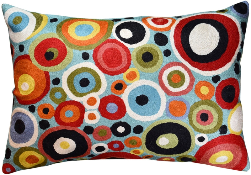 Lumbar Pillow Hand Embroidered Abstract Dots Wool Crewel Work