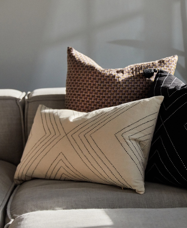 Lumbar Pillow Hand-Stitched Color Block, Artisanal Geometric Style.