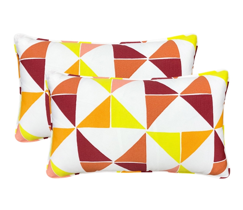 Lumbar Pillow Pair, Red White Triangular Geometric Print Outdoor