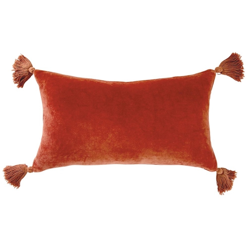 Lumbar Pillow Rust Velvet Like Plush Texture Boho Tassels Terracotta