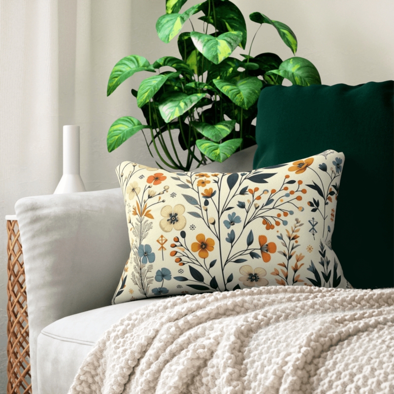 Lumbar Pillow Scandinavian Floral Motif Royal Blue Golden Yellow