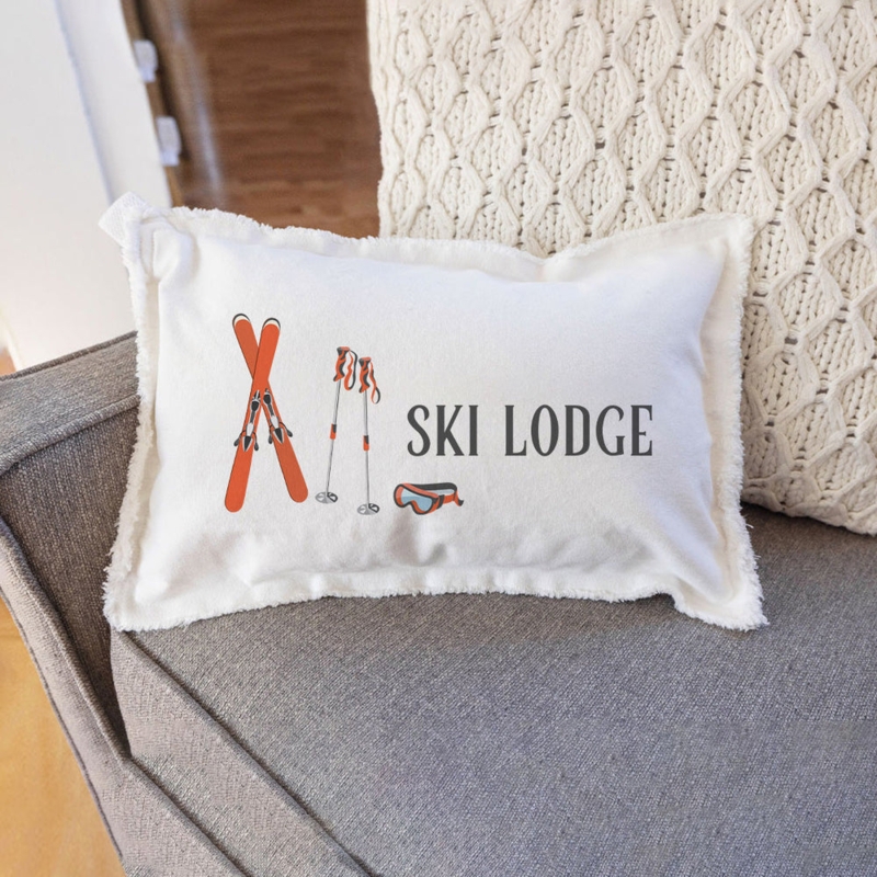 Lumbar Pillow, Serif Typography, Ski Lodge Graphic, Cream, Vintage Style