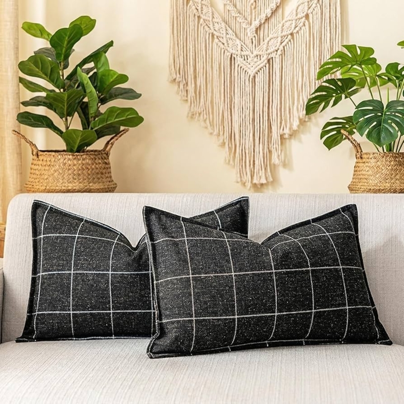 Lumbar Pillow Set, Black and White Woven Plaid Farmhouse