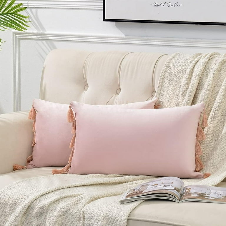 Lumbar Pillow Set, Blush Pink Velvet-Like Corner Tassels Boho Chic