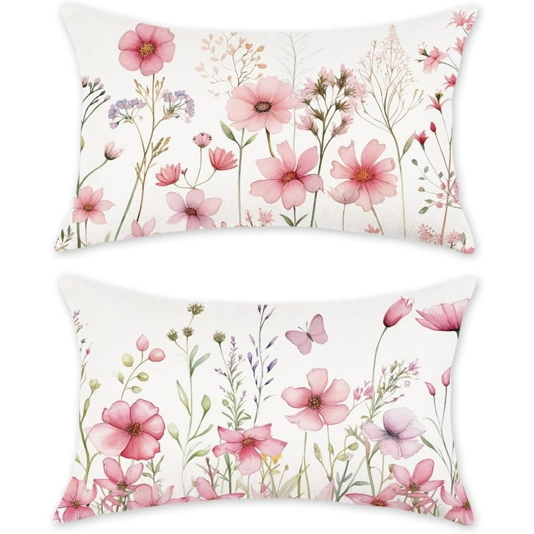 Lumbar Pillow Set Pink Botanical Print Cottagecore Sofa Styling