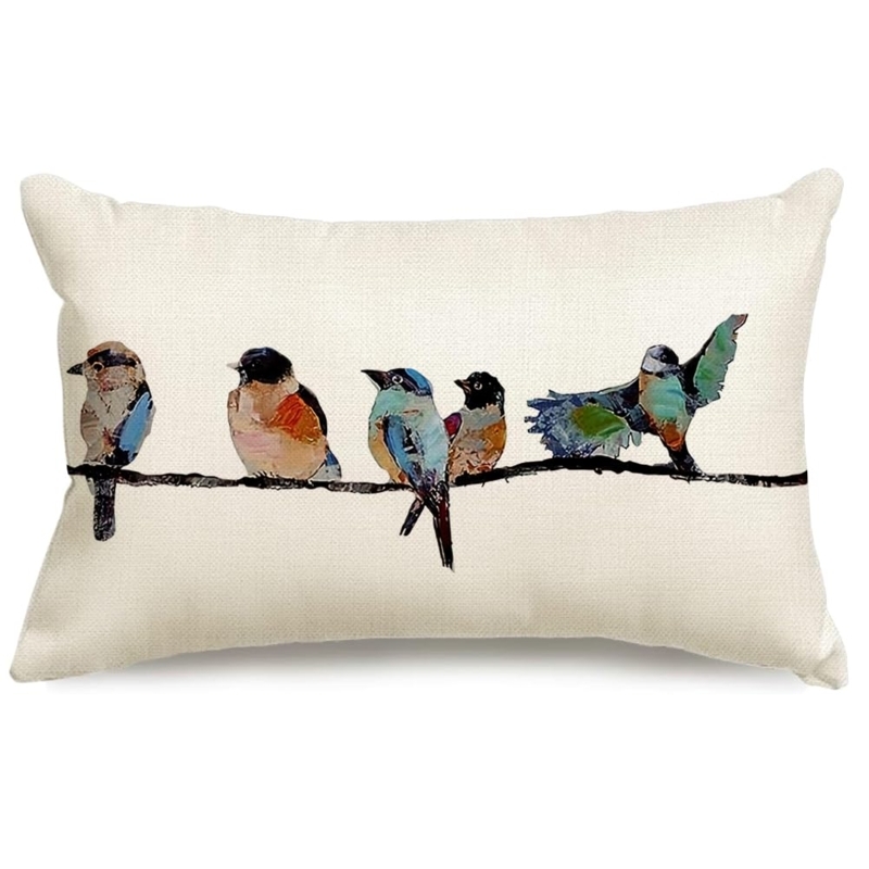 Lumbar Pillow, Teal Watercolor Bird Floral Print Linen-Like