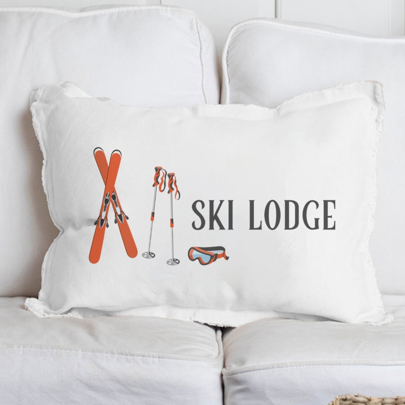Lumbar Pillow, Textured Weave, Ski Lodge Graphic, Cream, Rustic Cabin Style