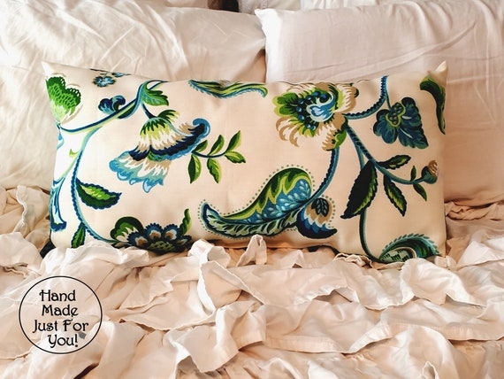 Lumbar Pillow Turquoise Tropical Print Piped Trim Coastal Accent