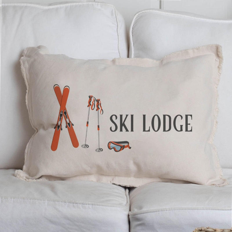 Lumbar Pillow, Typographic Print, Ski Lodge Theme, Cream, Red Accent, Rustic