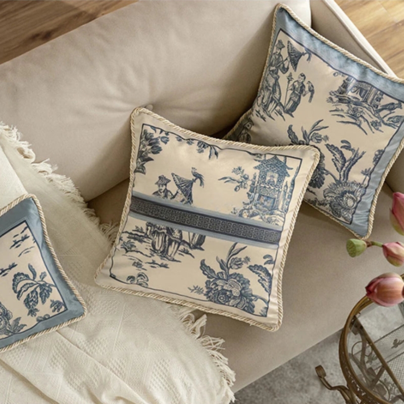 Lumbar Pillow Velvet Like Toile Delft Blue Striped Border Traditional