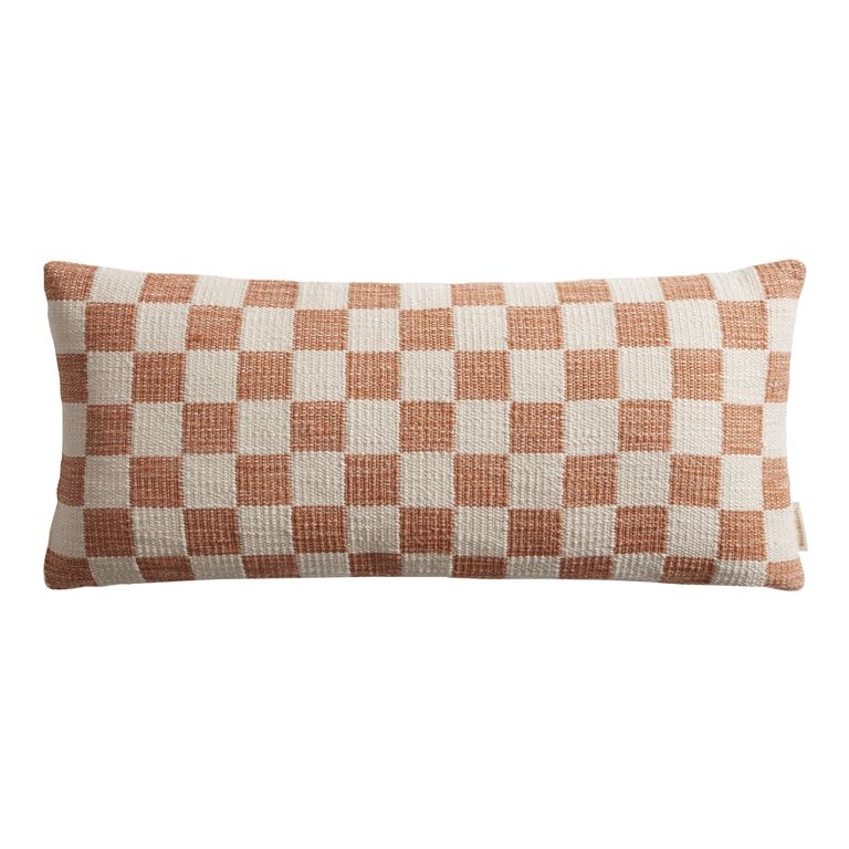 Lumbar Pillow with Extra Wide Silhouette, Rust & Ivory Check