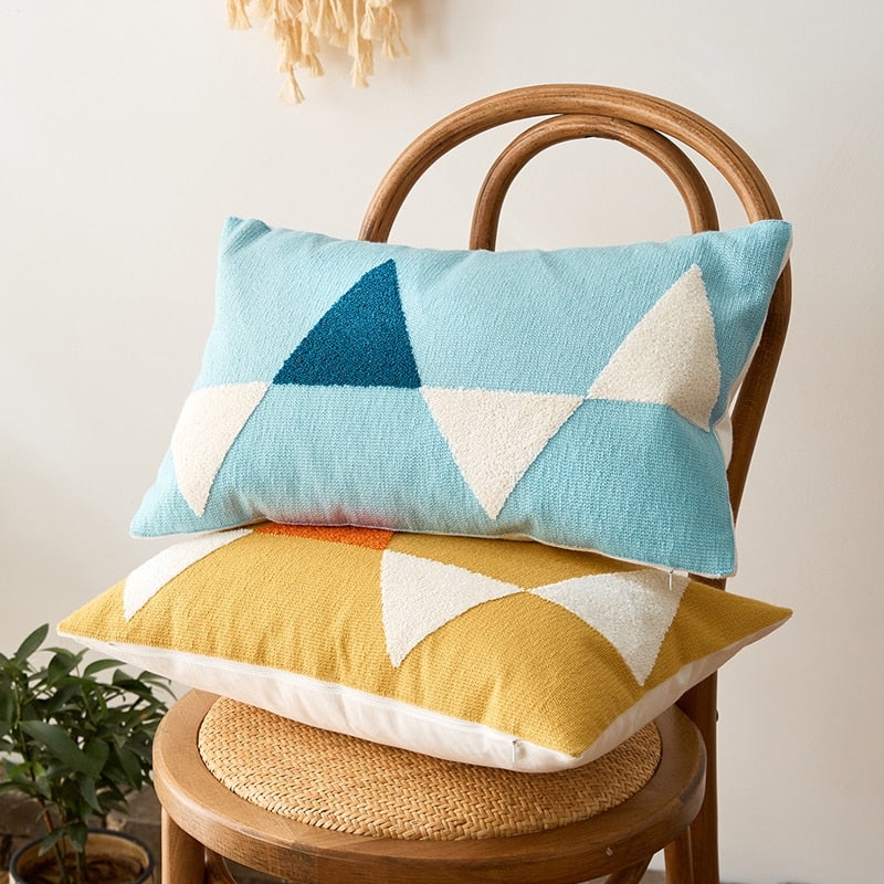 Lumbar Pillow with Geometric Landscape Sunset Motif, Tasseled Chic Decor.