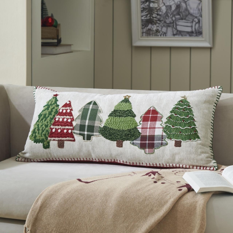 Lumbar Pillow with Rustic Plaid Applique Tree Design for Holiday