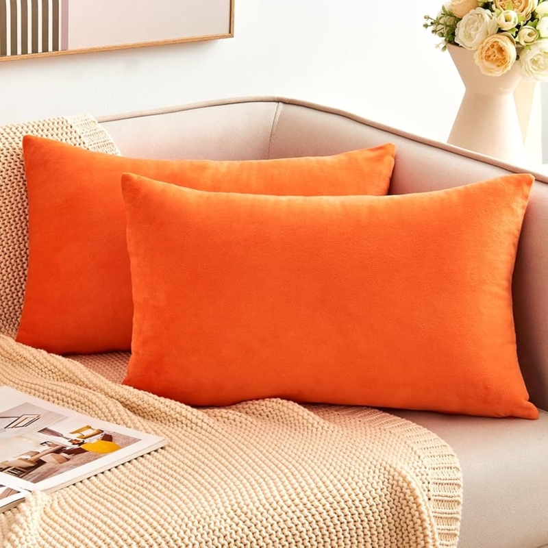 Lumbar Throw Pillow featuring Pleated Velvet Texture in Burnt Orange