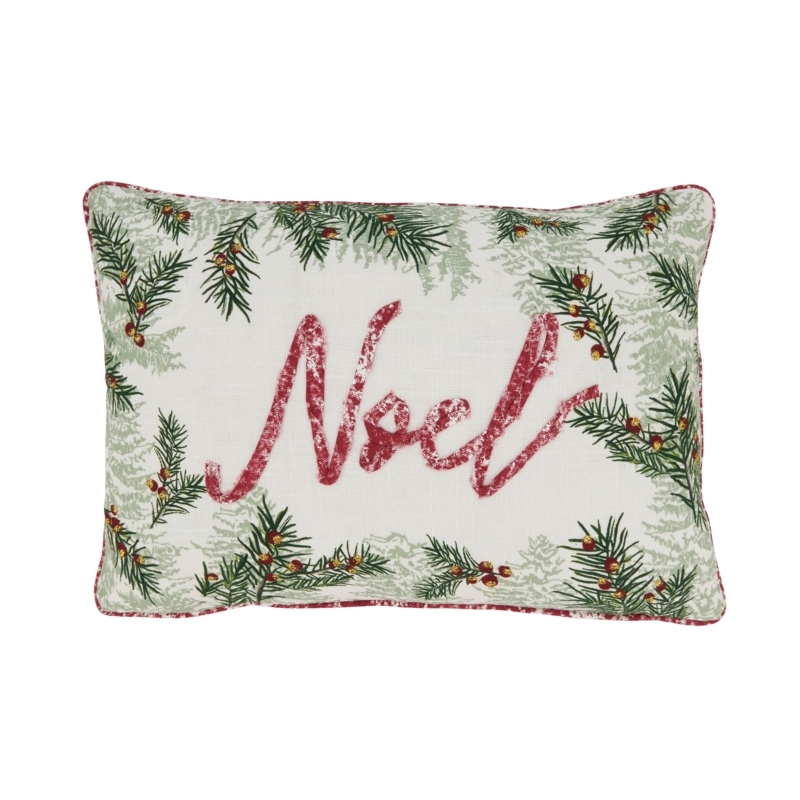 Lumbar Throw Pillow: Noel Script, Corner Pom-Poms, Botanical Wreath.