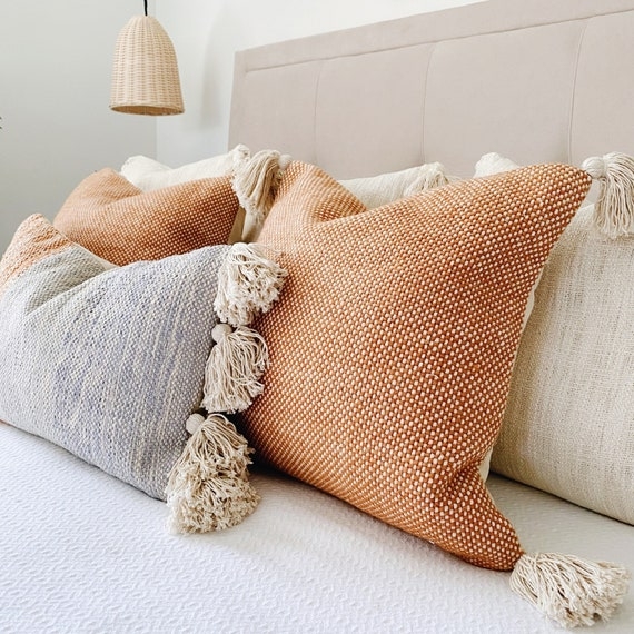 Lumbar Throw Pillow: Pastel Orange Tufted Diamond Motif & Fringe