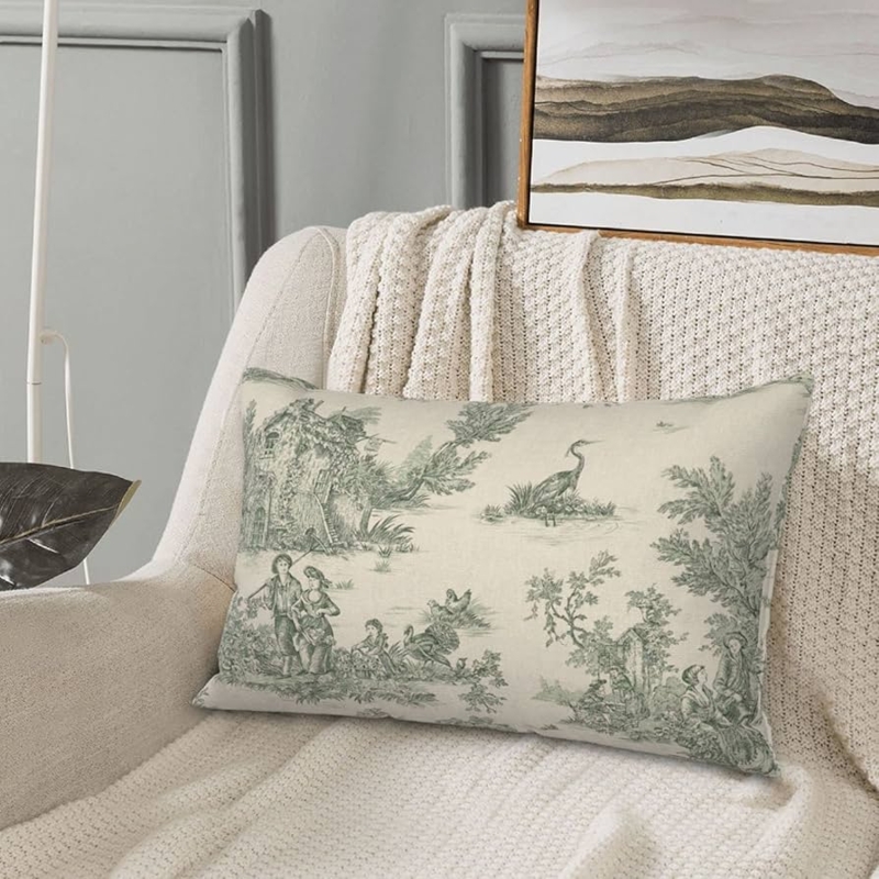 Lumbar Throw Pillow Sage Green Toile French Country Linen Decor
