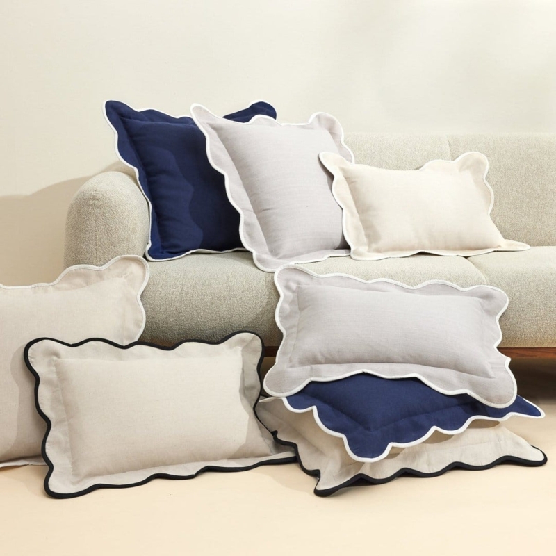 Lumbar Throw Pillow Scalloped Edge Cream Navy Blue Coastal Chic Styling