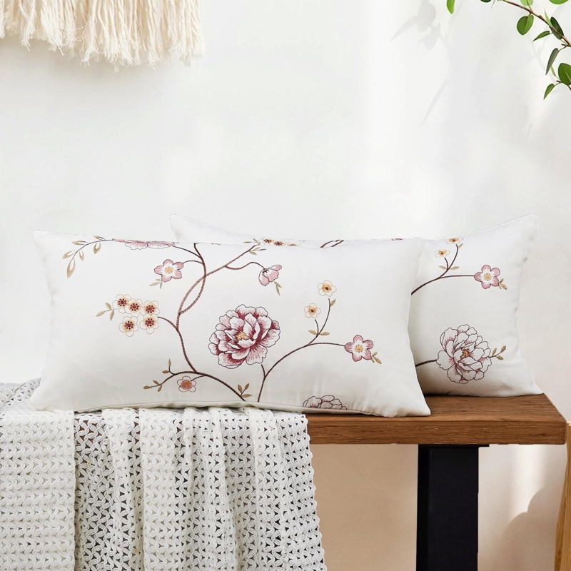 Lumbar Throw Pillow Set Burgundy Canvas White Floral Embroidery