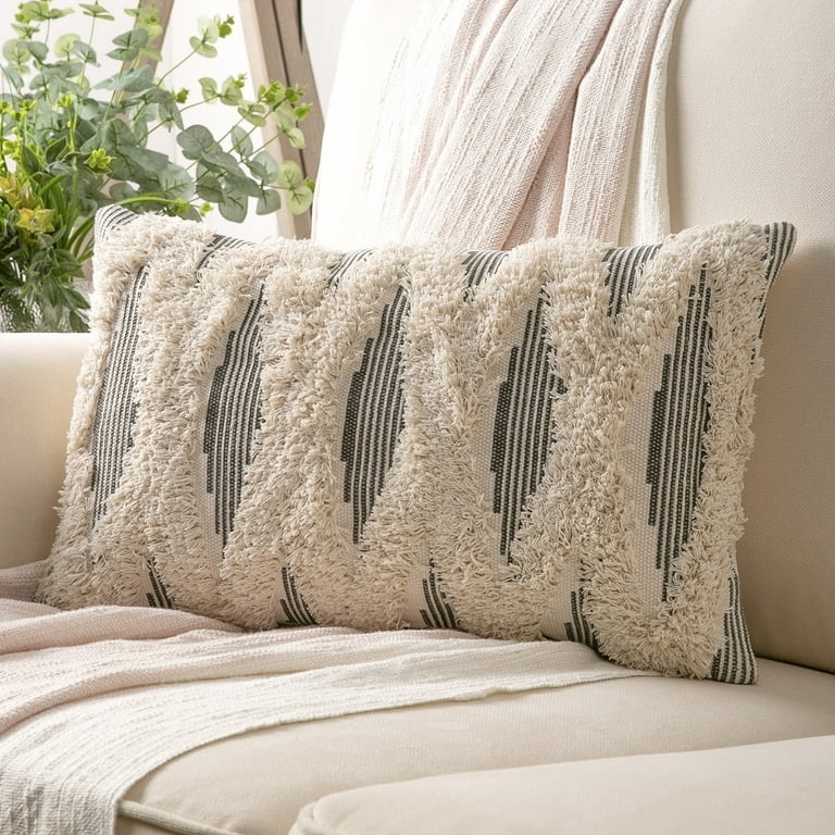 Lumbar Throw Pillow: Tufted Cross Pattern, Gray & Cream Boho Style