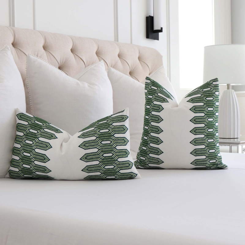 Lumbar Throw Pillow with Geometric Embroidery, Green Retro Transitional.