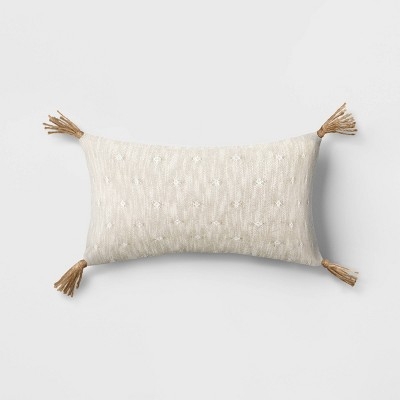 Lumbar Throw Pillow Woven Jacquard Geometric Cushion Beige Tassels