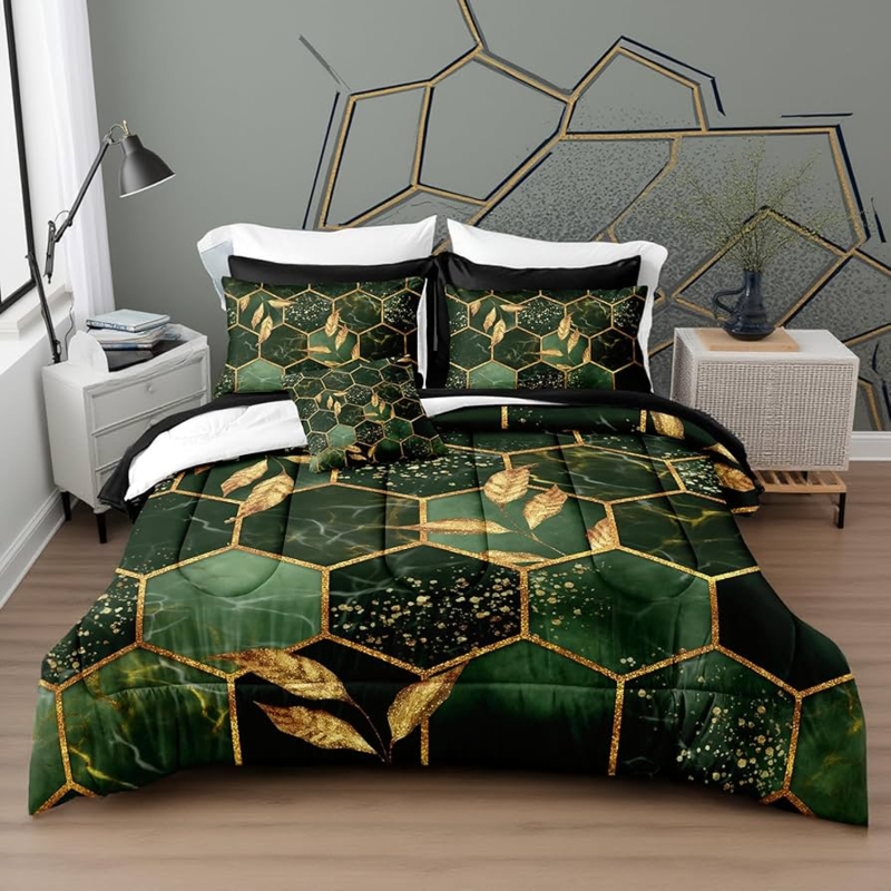 Luxe Emerald Green Bedding Set Marble Print Gold Geometric Lines