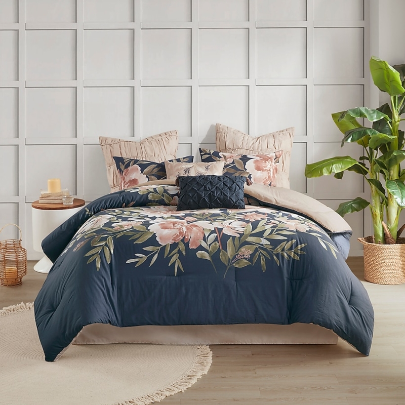 Madison Park Shabby Chic Floral Printed 8 -Piece Navy California king  Comforter Set in the Bedding Sets department at