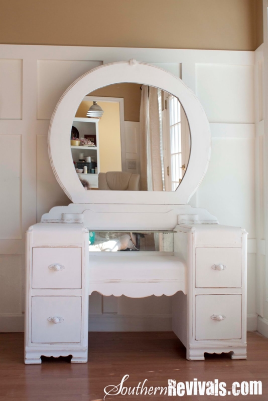 Makeup Vanity: Charcoal Paint Finish, Large Circular Mirror, Brass Pulls