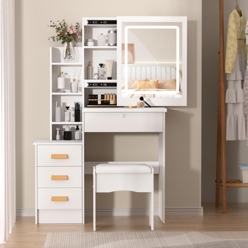 Makeup Vanity Desk with Asymmetrical Shelving, Gold Hardware White