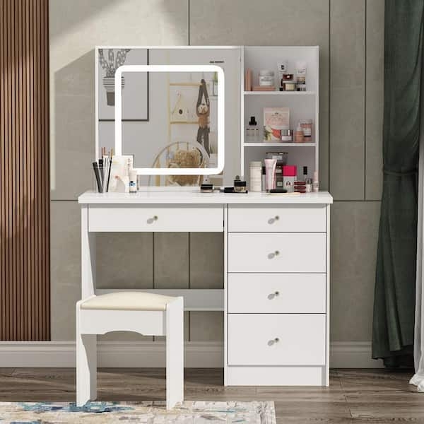 Makeup Vanity featuring Glass Top Drawer and Integrated Shelving, White