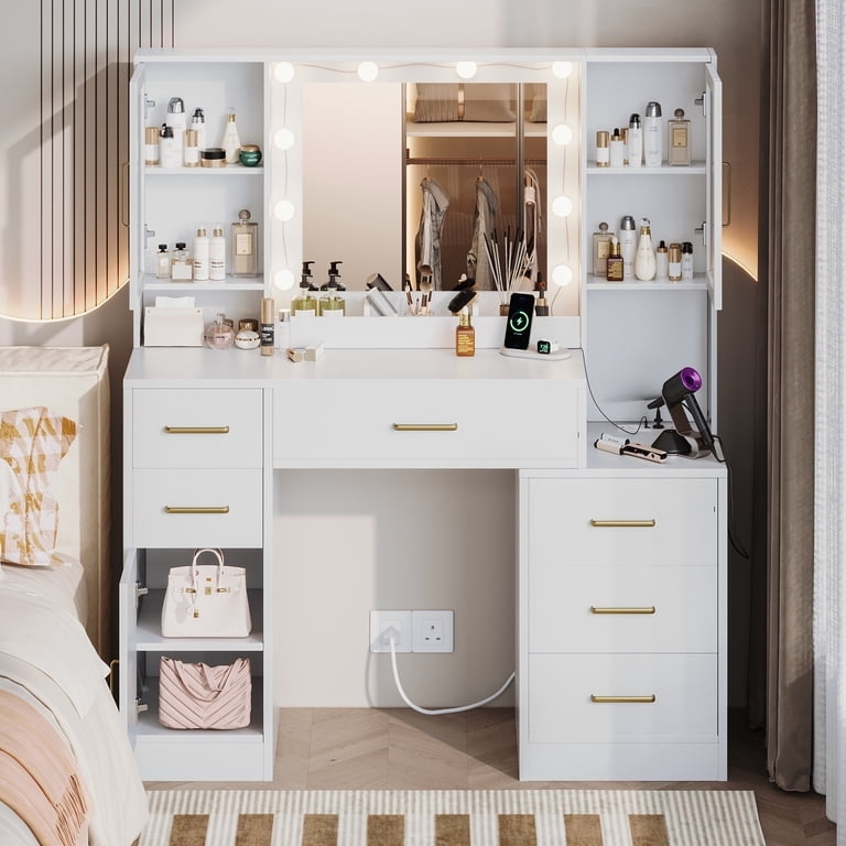 Makeup Vanity featuring Gold Hardware, Lighted Mirror, Cushioned Seat Glam