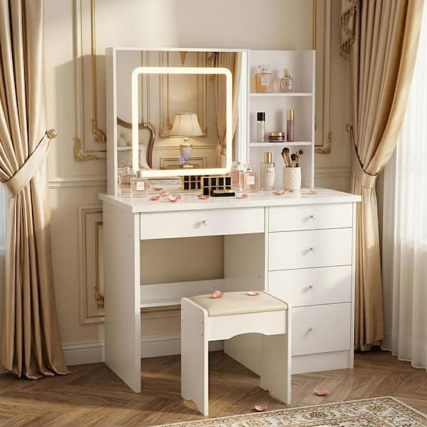 Makeup Vanity includes Integrated Hutch, LED Lighted Mirror, Minimalist White