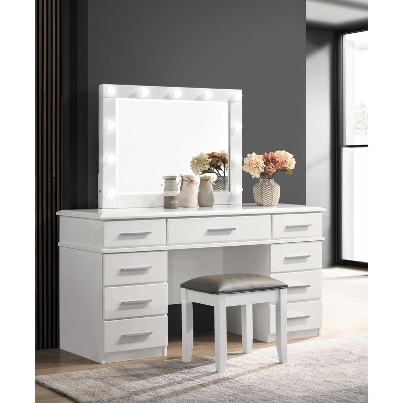 Makeup Vanity offers 9 Drawer Storage, Integrated Hollywood Mirror, Glossy