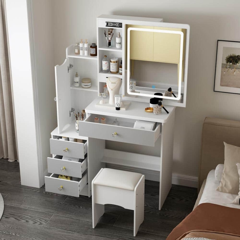 Makeup Vanity Set with Tiered Integrated Shelving, Circular LED Mirror, White