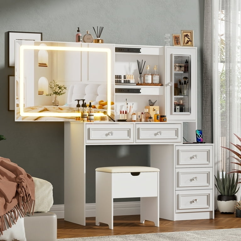 Makeup Vanity White with Sliding Mirror and Charging Station Feature.