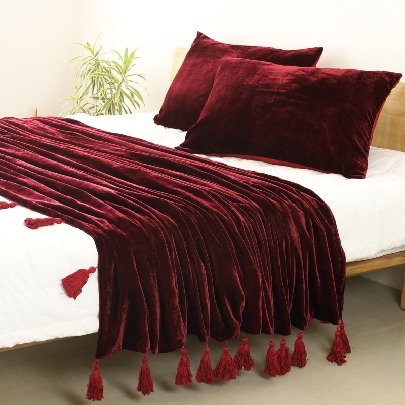 Maroon Velvet Throw Blanket with Diamond Quilting and Tassels