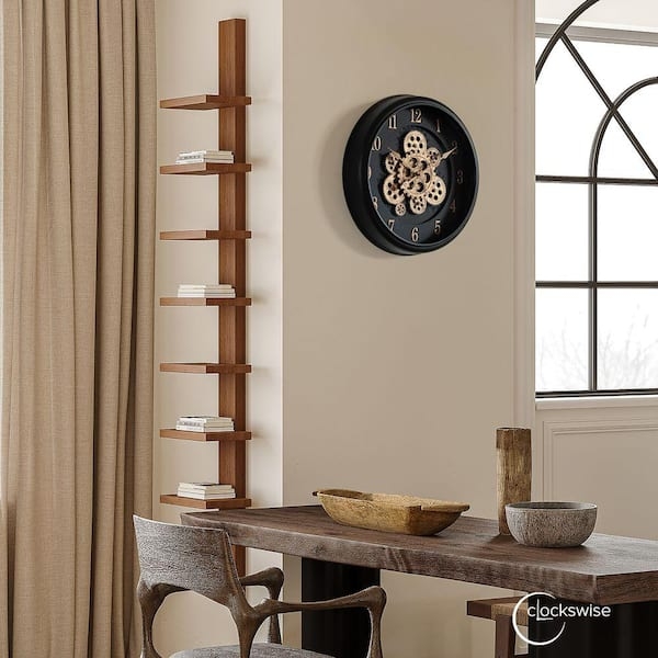 Masculine Office Wall Clock Black Gold Contrast Exposed Gears