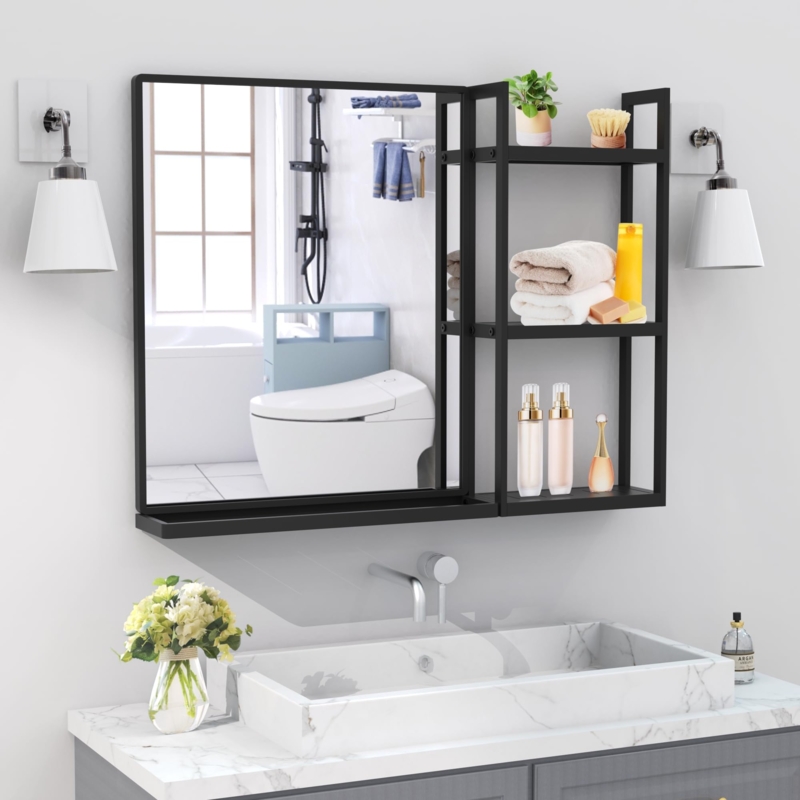 Matte Black Metal Wall Mirror with Integrated Shelf Industrial Style