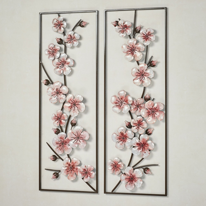 Metal Wall Art Set Pink Cherry Blossom Sculptural Floral Panels