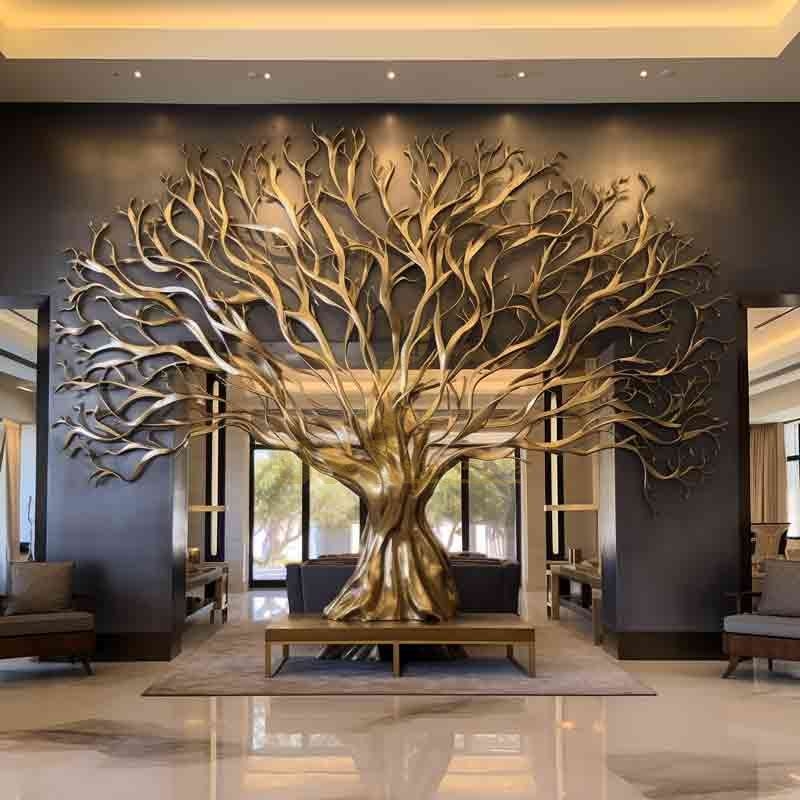 Metal Wall Art Wire Branches Gold Toned Leaves Tree Motif