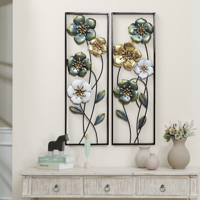 Metallic Floral Wall Art Set: 3D Blossoms, Mixed Gold & Silver Panels.